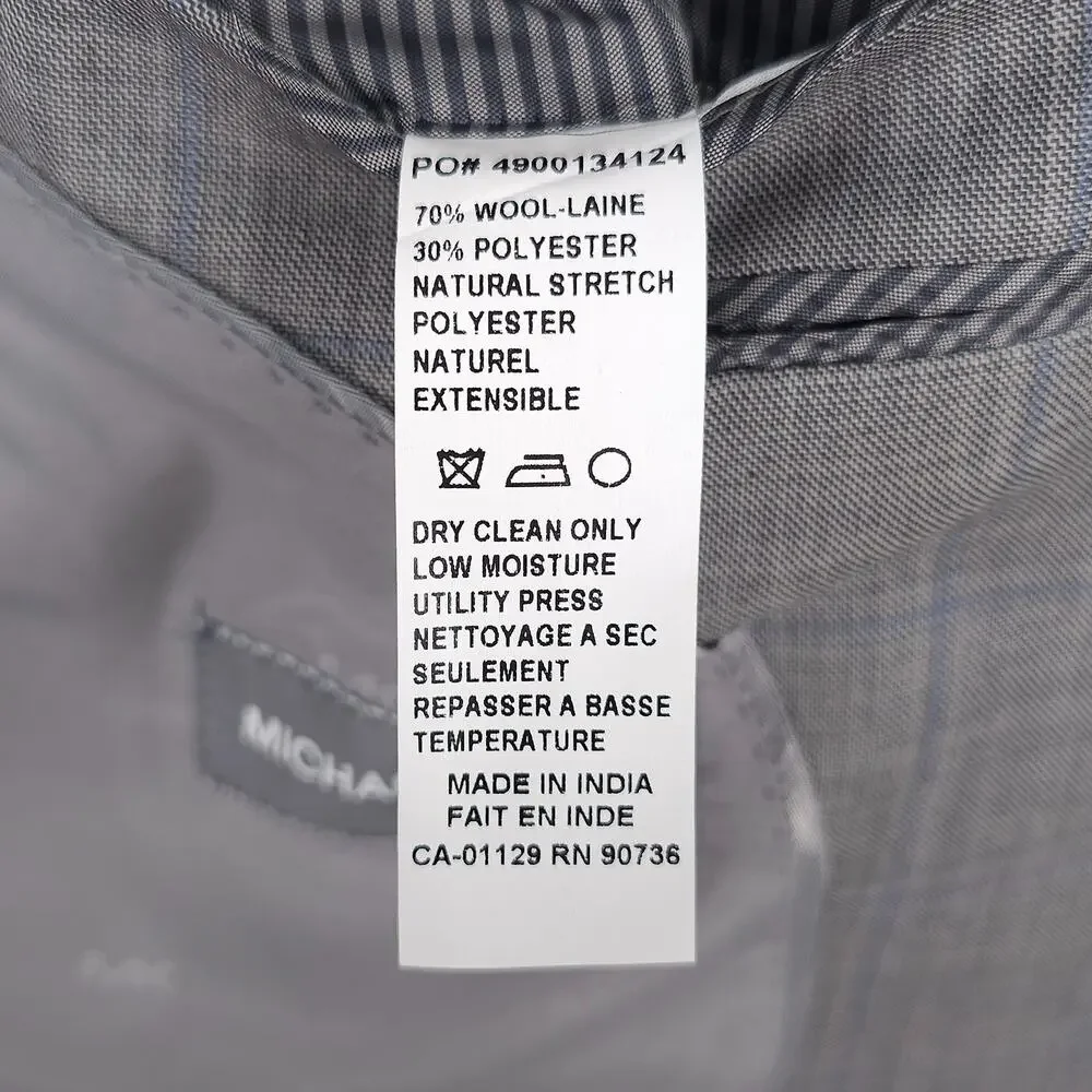 Michael Kors Mens Classic Fit Suit Jacket 38R Grey Blue Windowpane Stretch Wool